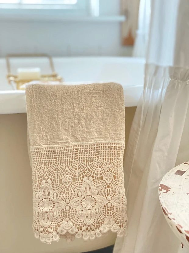 Romantic Linen Kitchen Towels with Cotton Lace Elements of Elegant